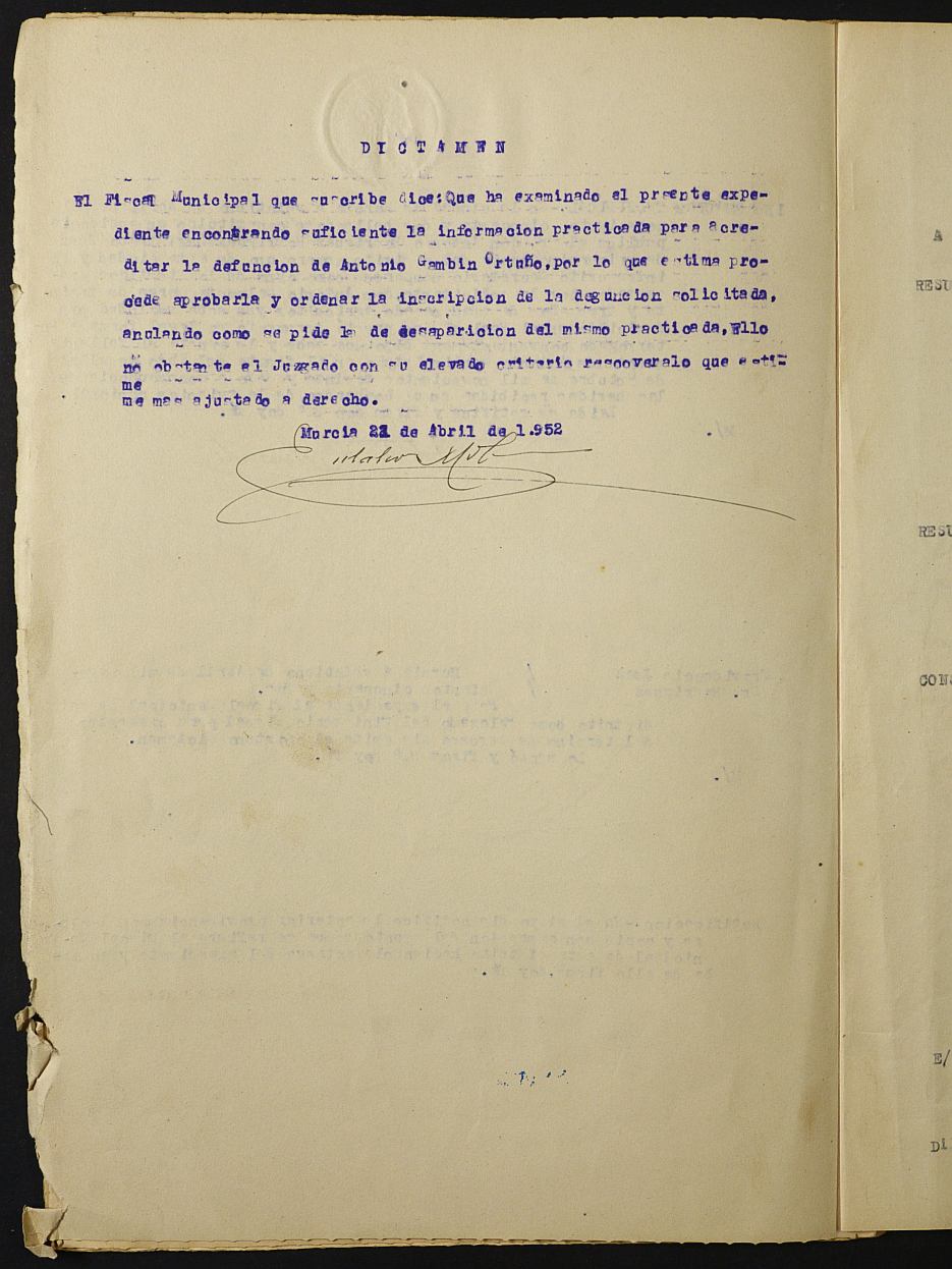 Expediente 388/1943 del Juzgado de Primera Instancia nº 1 de Murcia para la inscripción en el Registro Civil por la defunción en el frente de Antonio Gambín Ortuño.
